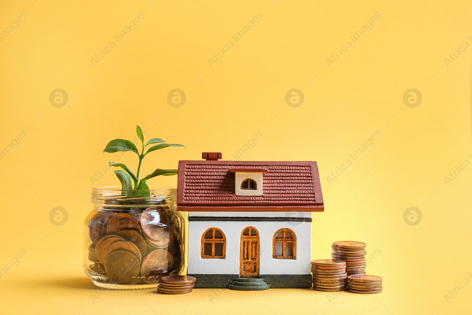 Photo of House model, jar with coins and plant on color background. Space for text