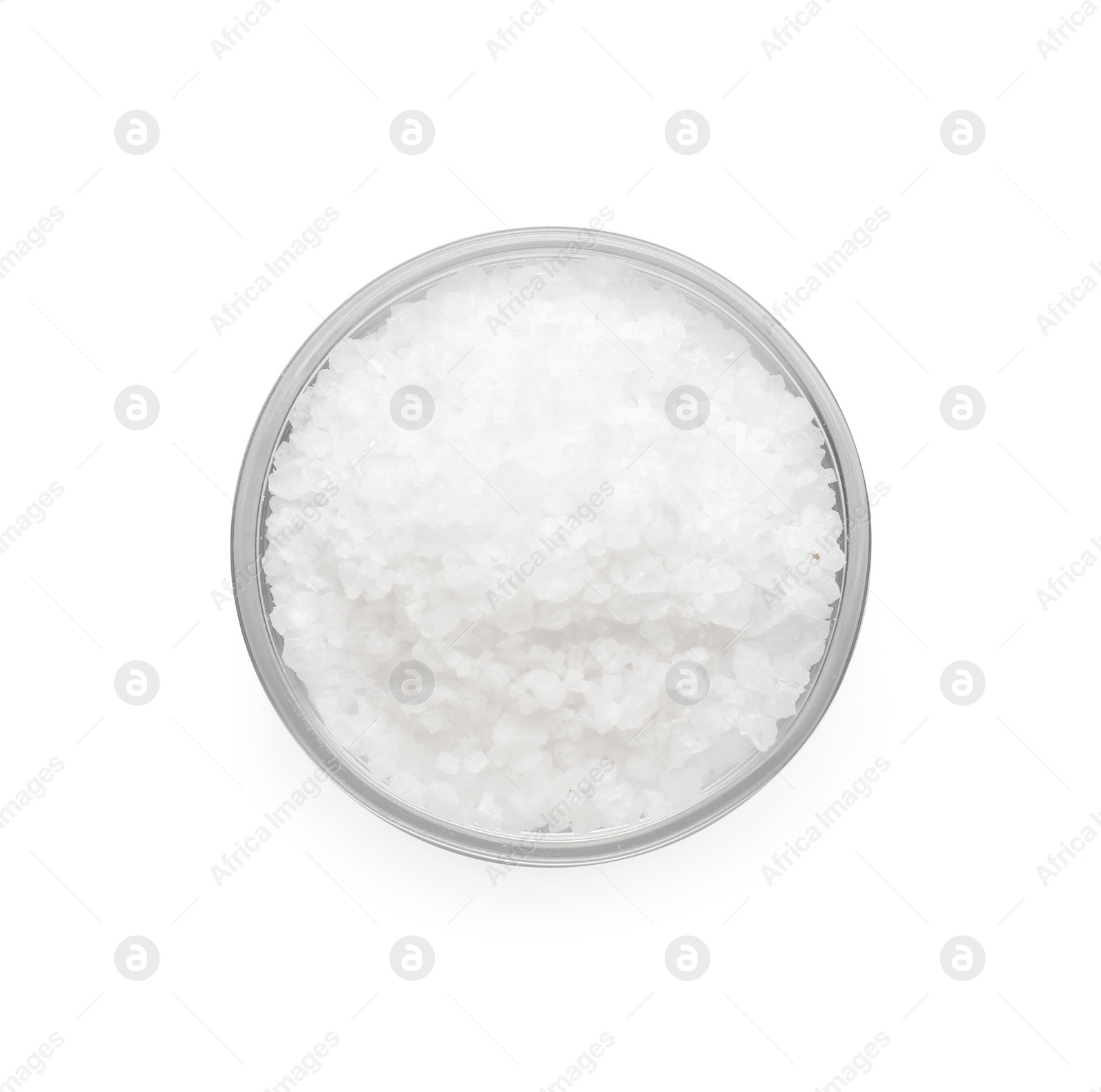 Photo of Bowl of sea salt isolated on white, top view