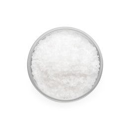 Photo of Bowl of sea salt isolated on white, top view