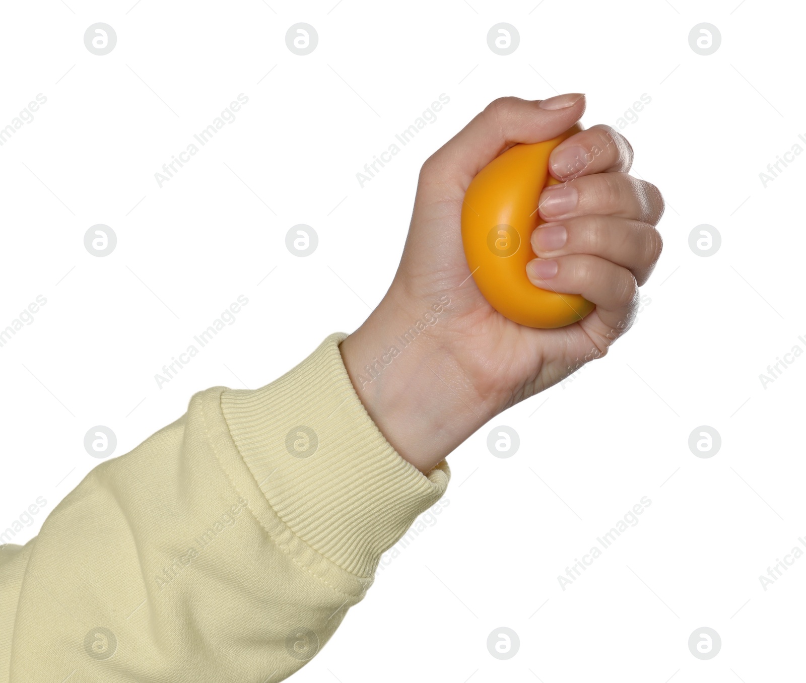 Photo of Woman squeezing antistress ball on white background, closeup