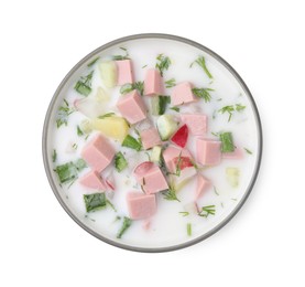 Photo of Delicious cold summer soup (okroshka) with boiled sausage in bowl isolated on white, top view