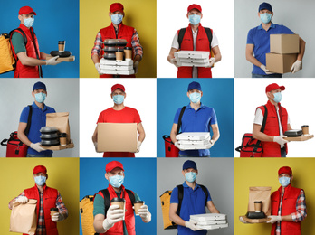 Image of Collage with photos of courier in protective mask holding orders and boxes on color backgrounds. Delivery service during coronavirus quarantine