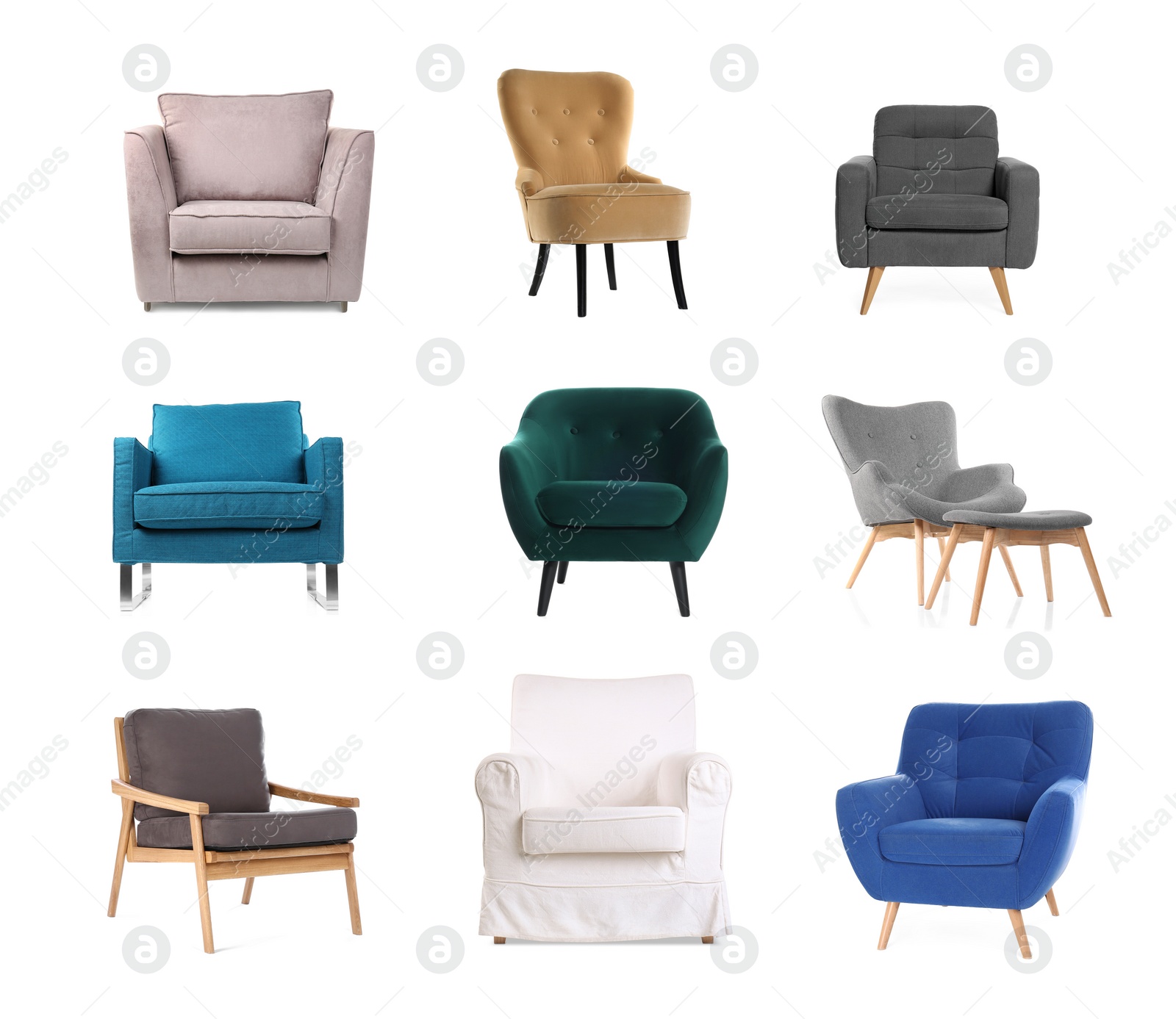 Image of Different comfortable armchairs isolated on white, set