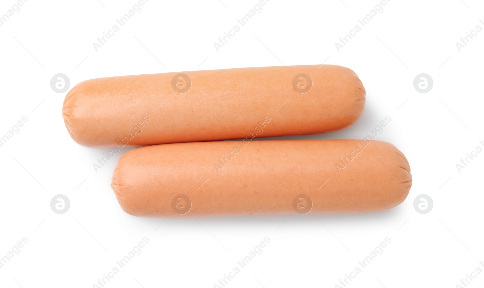 Photo of Delicious boiled sausages on white background, top view