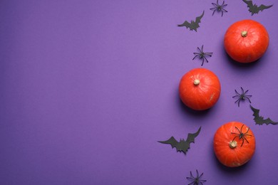 Photo of Flat lay composition with pumpkins, paper bats and spiders on purple background, space for text. Halloween decor