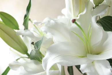 Photo of Beautiful lilies on light brown background, closeup view. Space for text