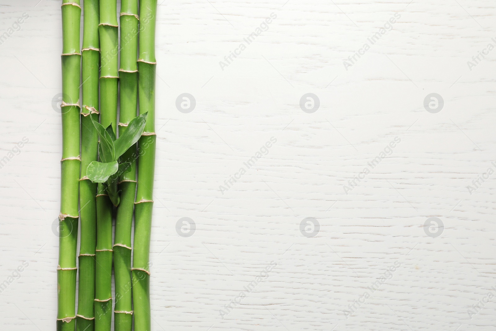 Photo of Green bamboo stems and space for text on wooden background, top view