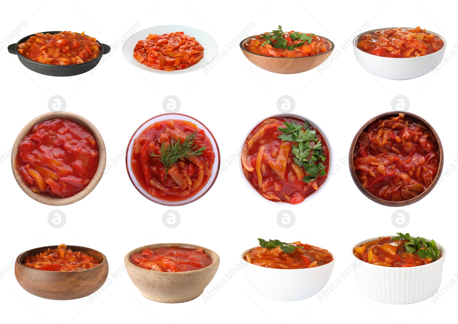 Image of Collage of lecho in dishware on white background, top and side views