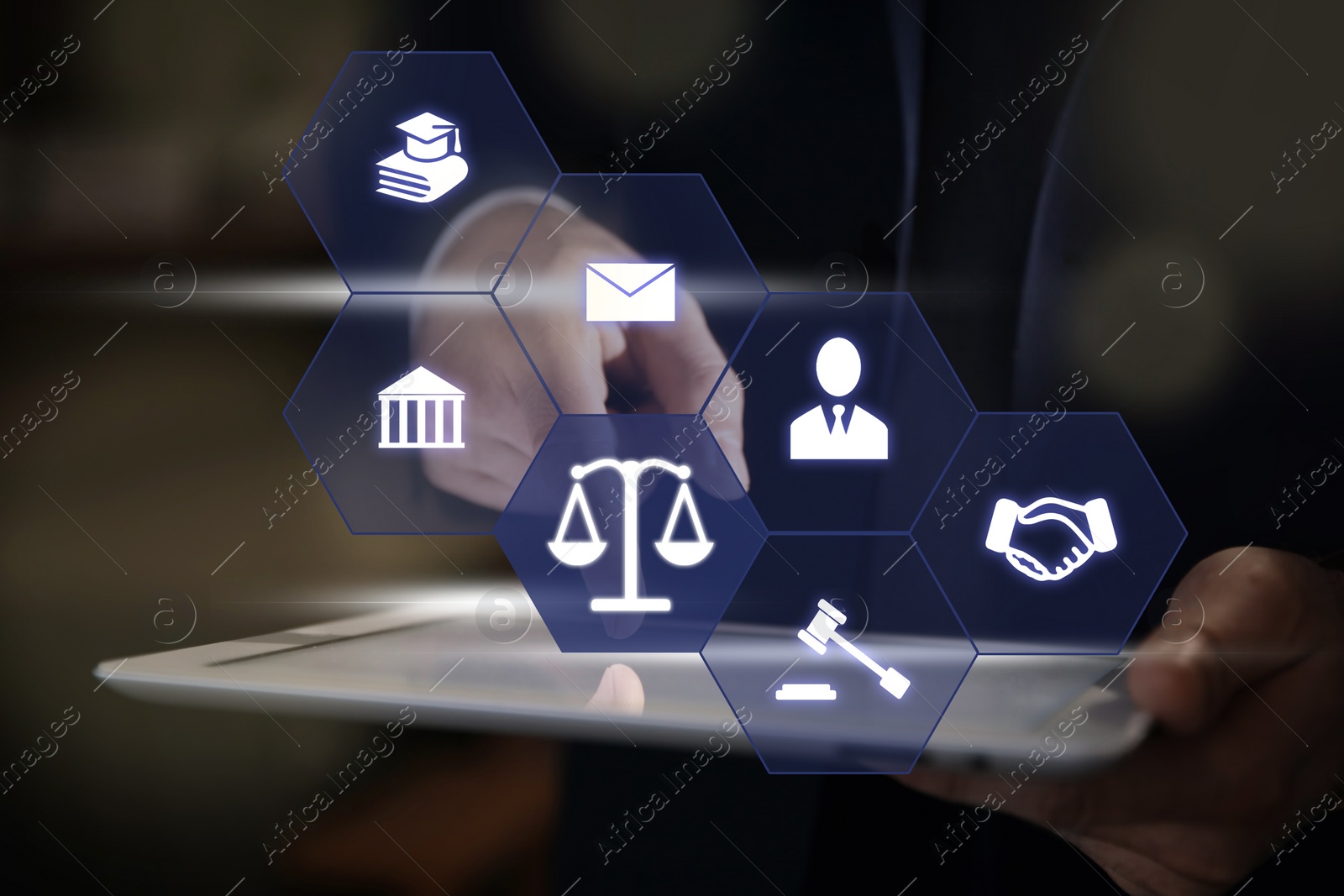 Image of Different icons and lawyer using tablet at workplace, closeup 