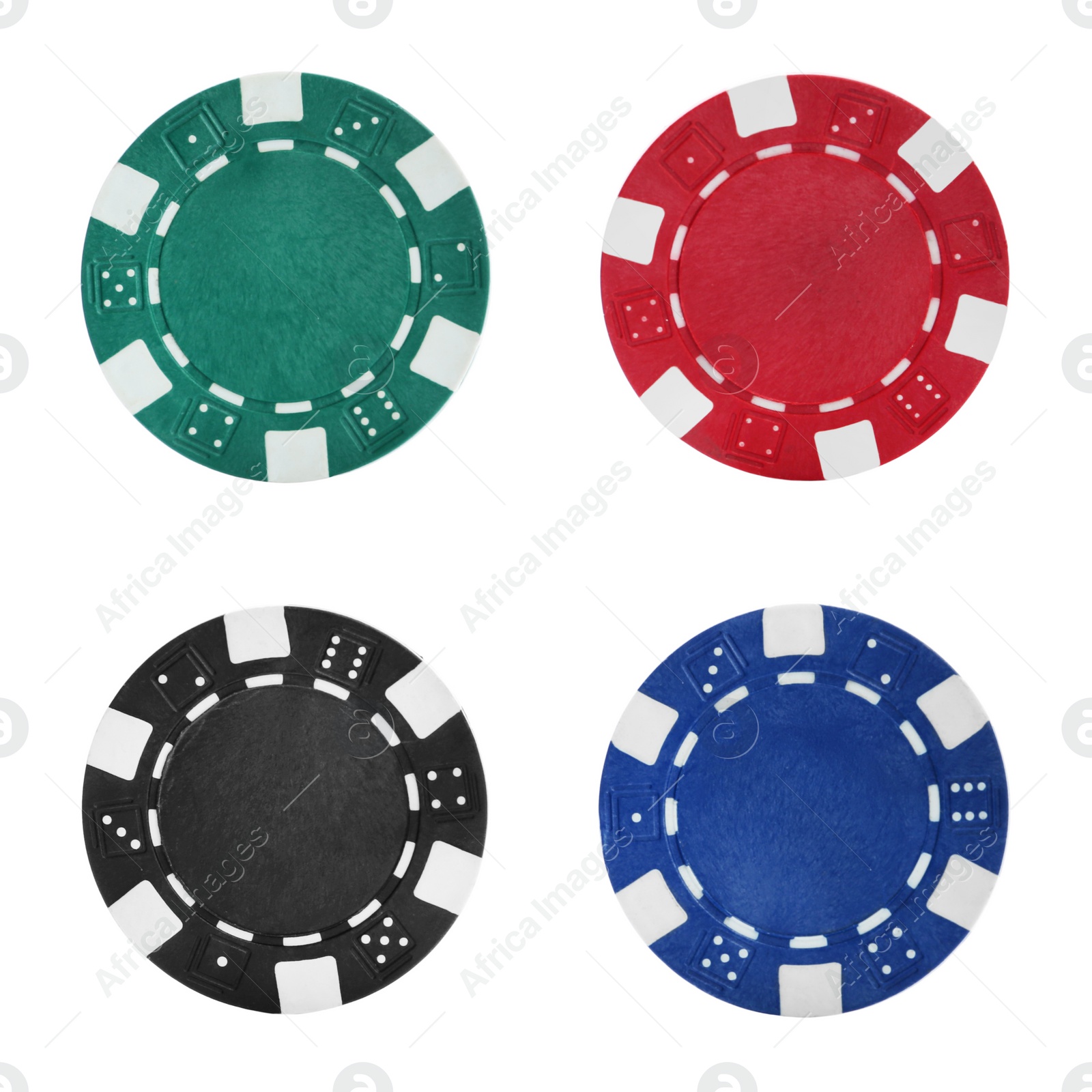 Image of Set with different casino chips on white background, top view 