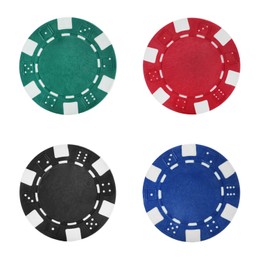 Image of Set with different casino chips on white background, top view 