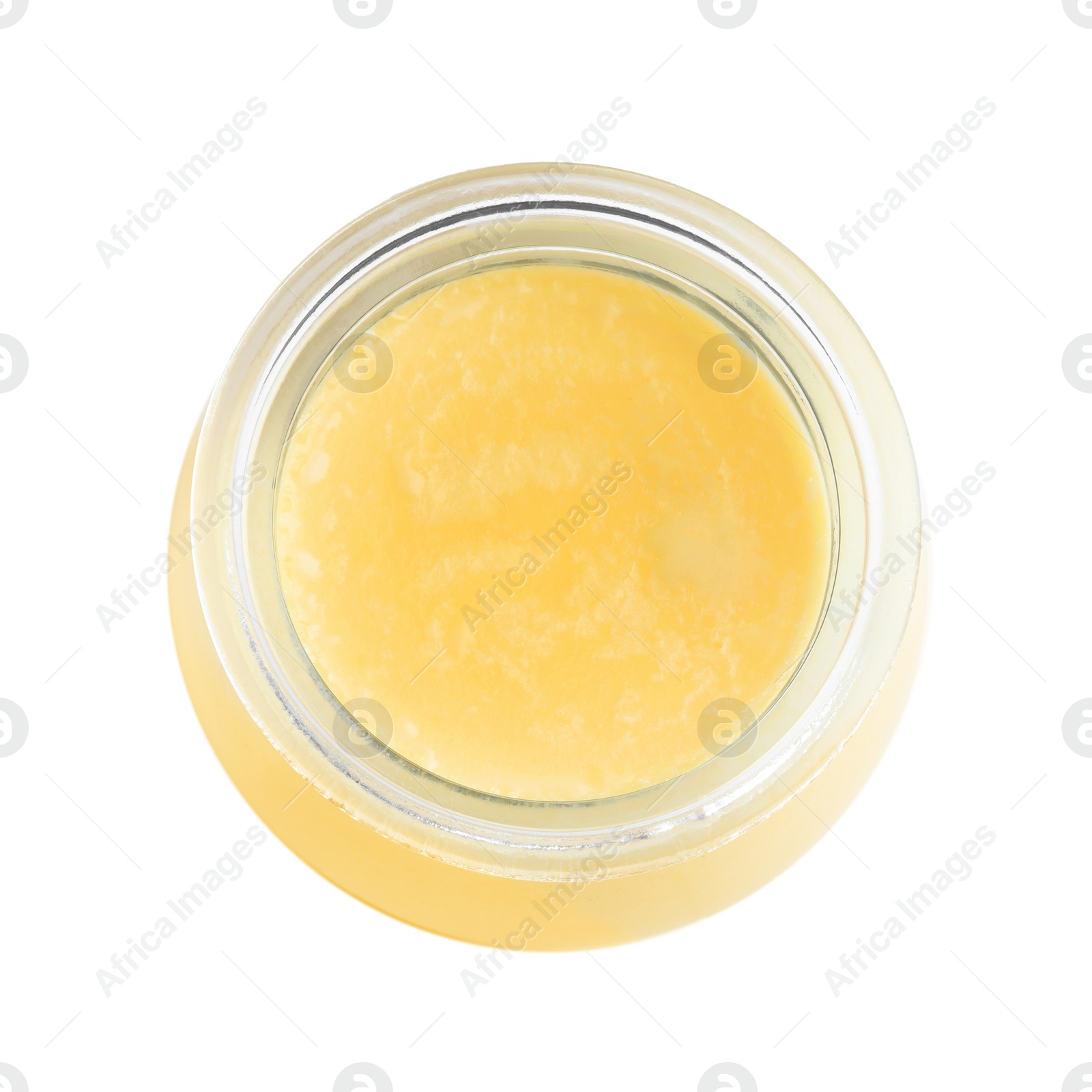 Photo of Glass jar of Ghee butter isolated on white, top view