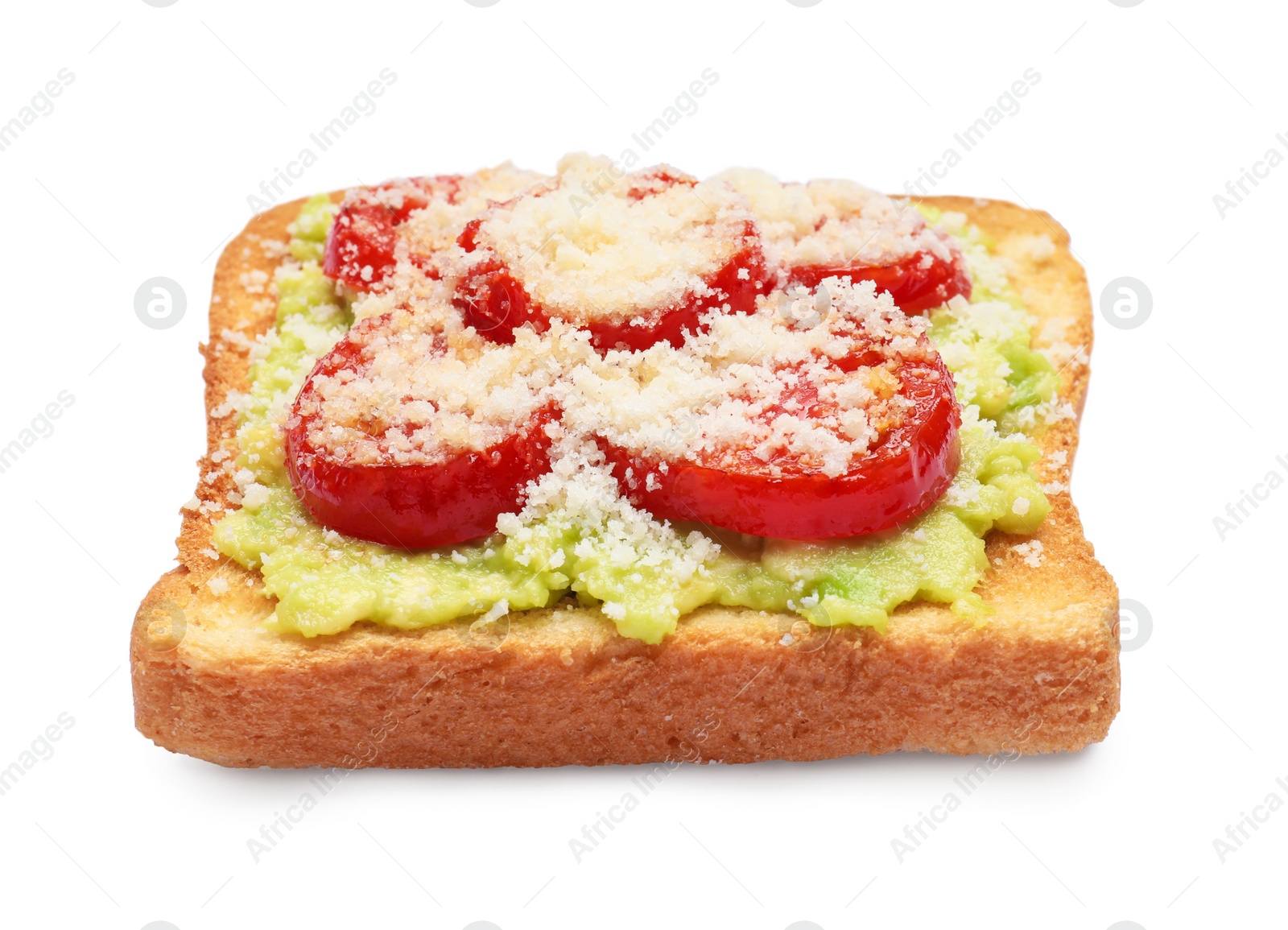Photo of Tasty toast with avocado spread, tomato and cheese on white background