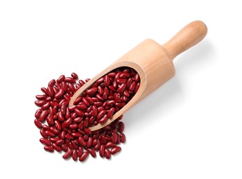 Photo of Wooden scoop with raw red kidney beans on white background, top view