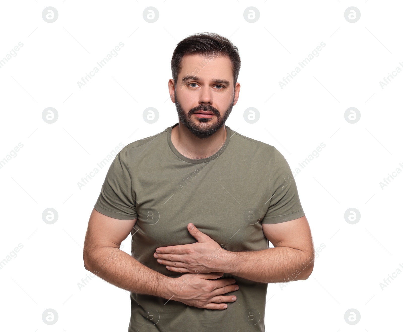 Photo of Man suffering from stomach pain on white background