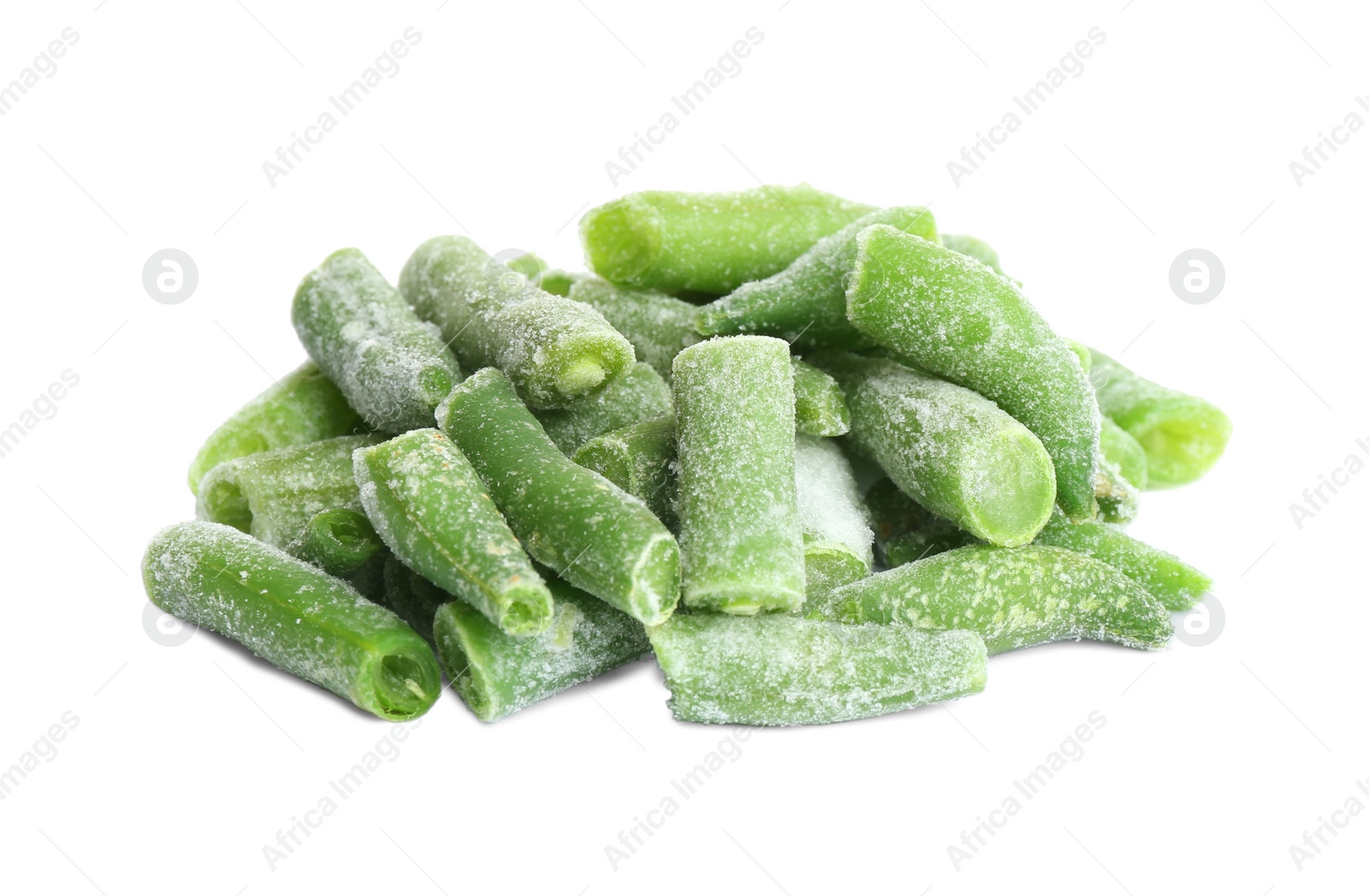 Photo of Frozen green beans isolated on white. Vegetable preservation