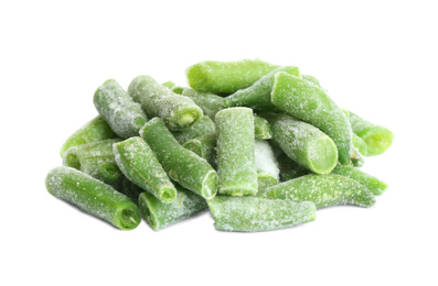 Photo of Frozen green beans isolated on white. Vegetable preservation