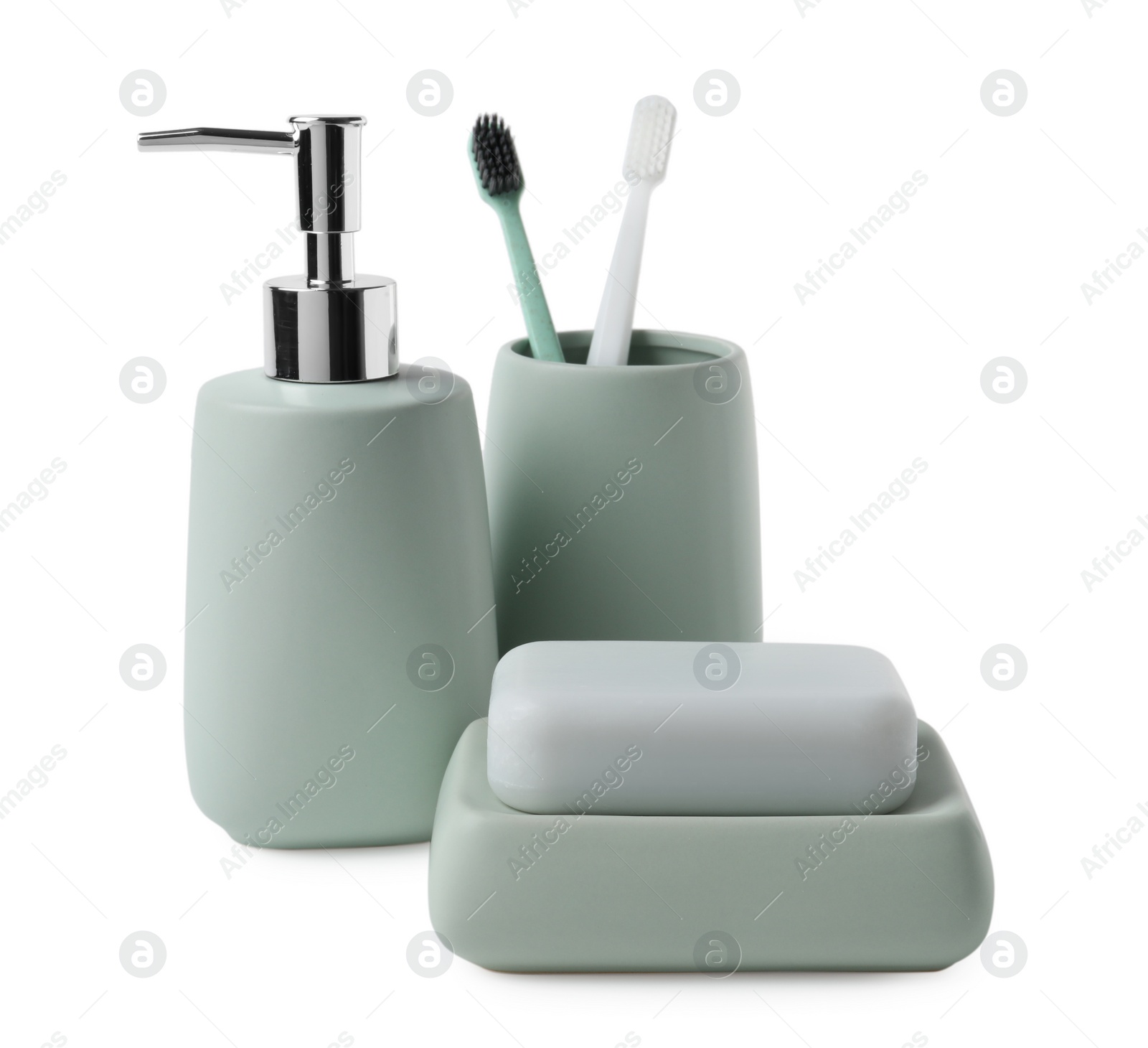 Photo of Bath accessories. Different personal care products isolated on white