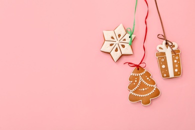 Photo of Different delicious Christmas cookies on pink background, flat lay. Space for text