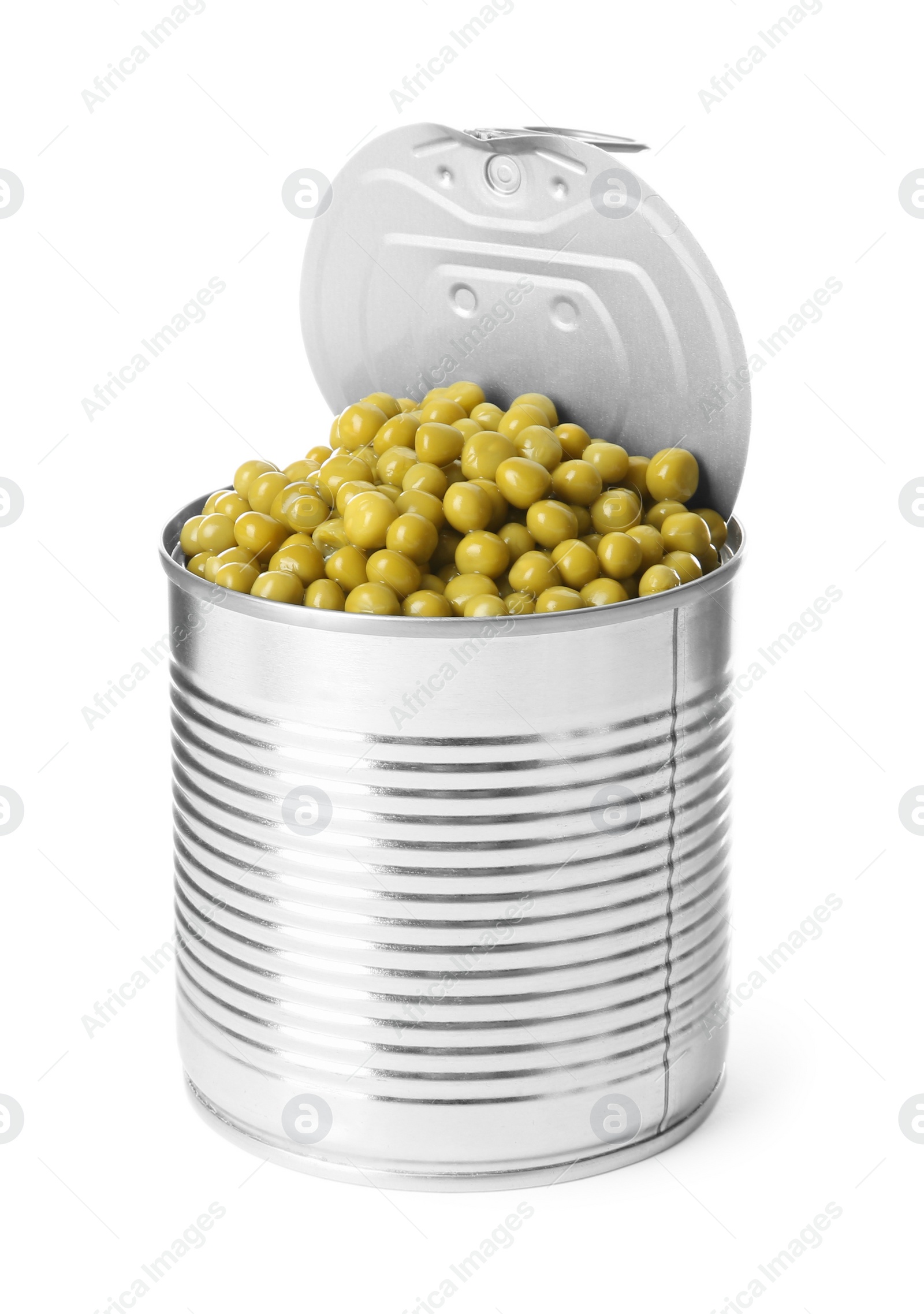 Photo of Open tin can of peas isolated on white