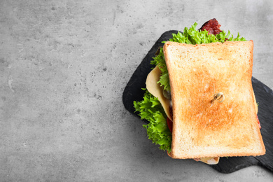 Photo of Tasty sandwich served on grey table, top view. Space for text