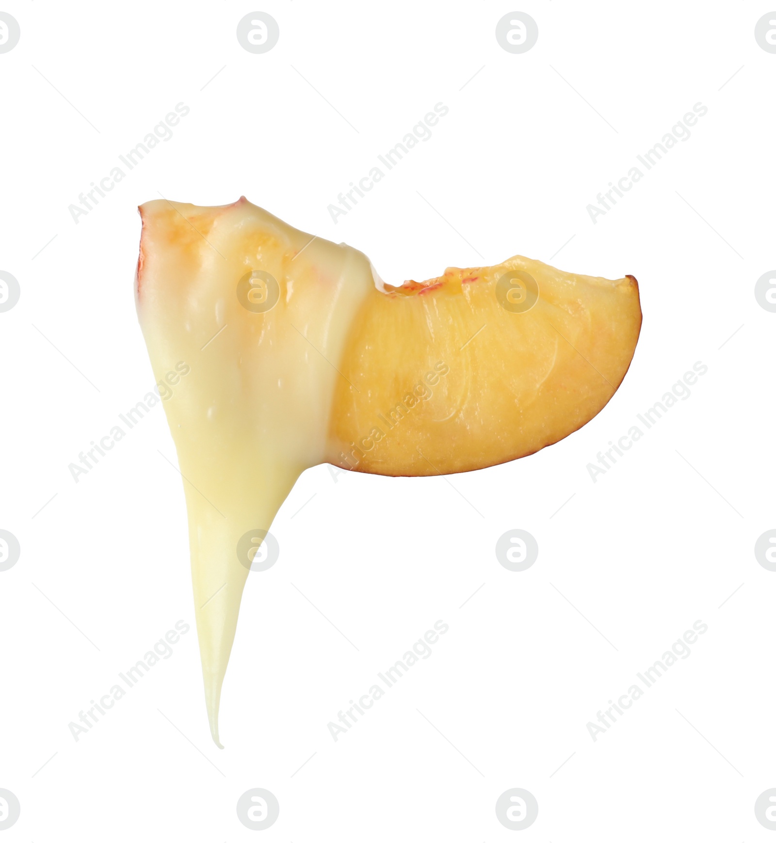 Photo of Fondue fork with slice of peach dipped into chocolate on white background