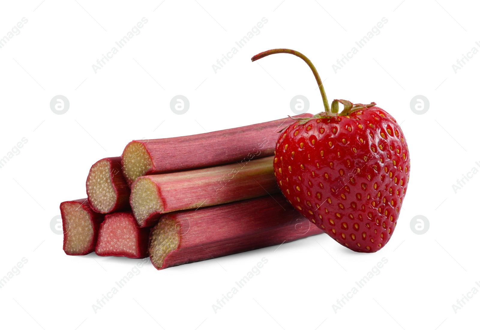 Photo of Stalks of fresh rhubarb and strawberry isolated on white