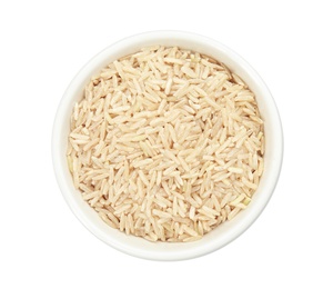 Photo of Bowl with raw unpolished rice on white background, top view