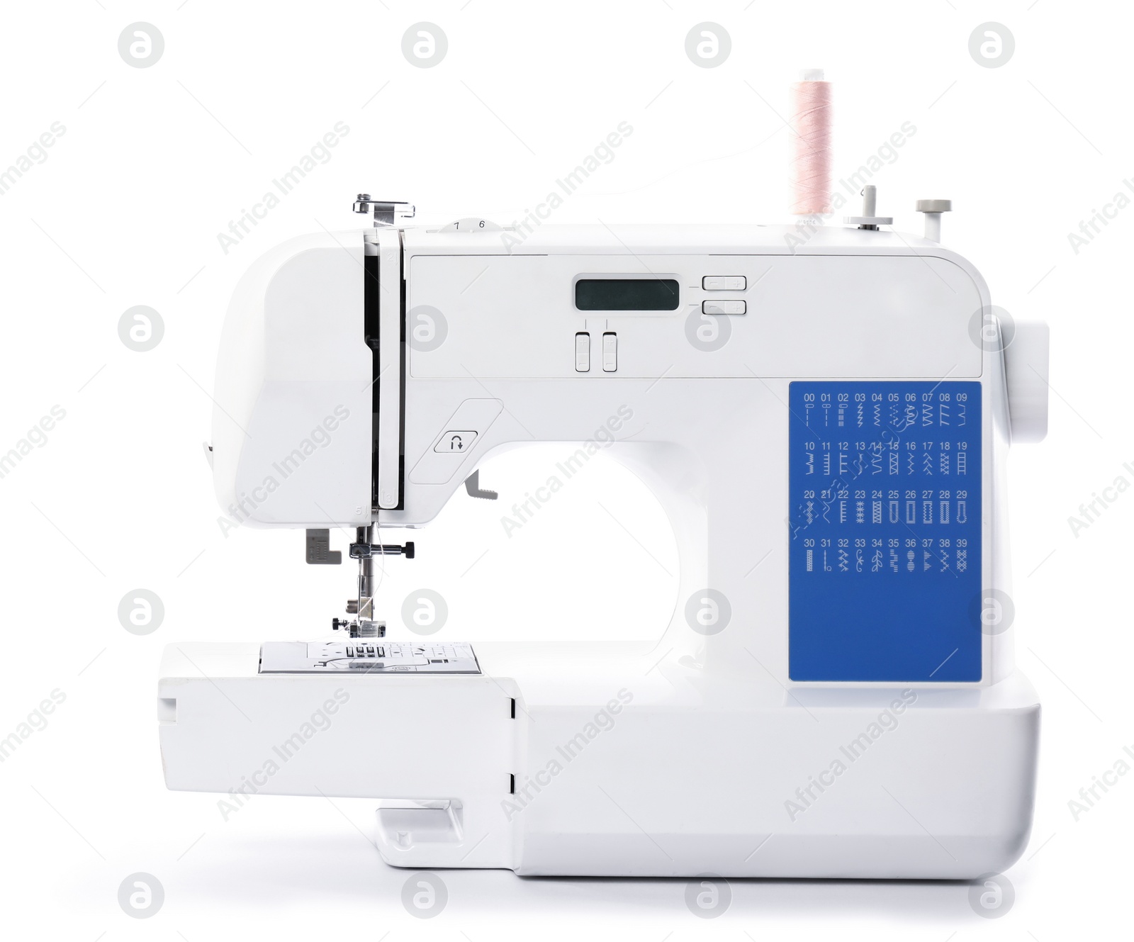 Photo of One modern sewing machine isolated on white