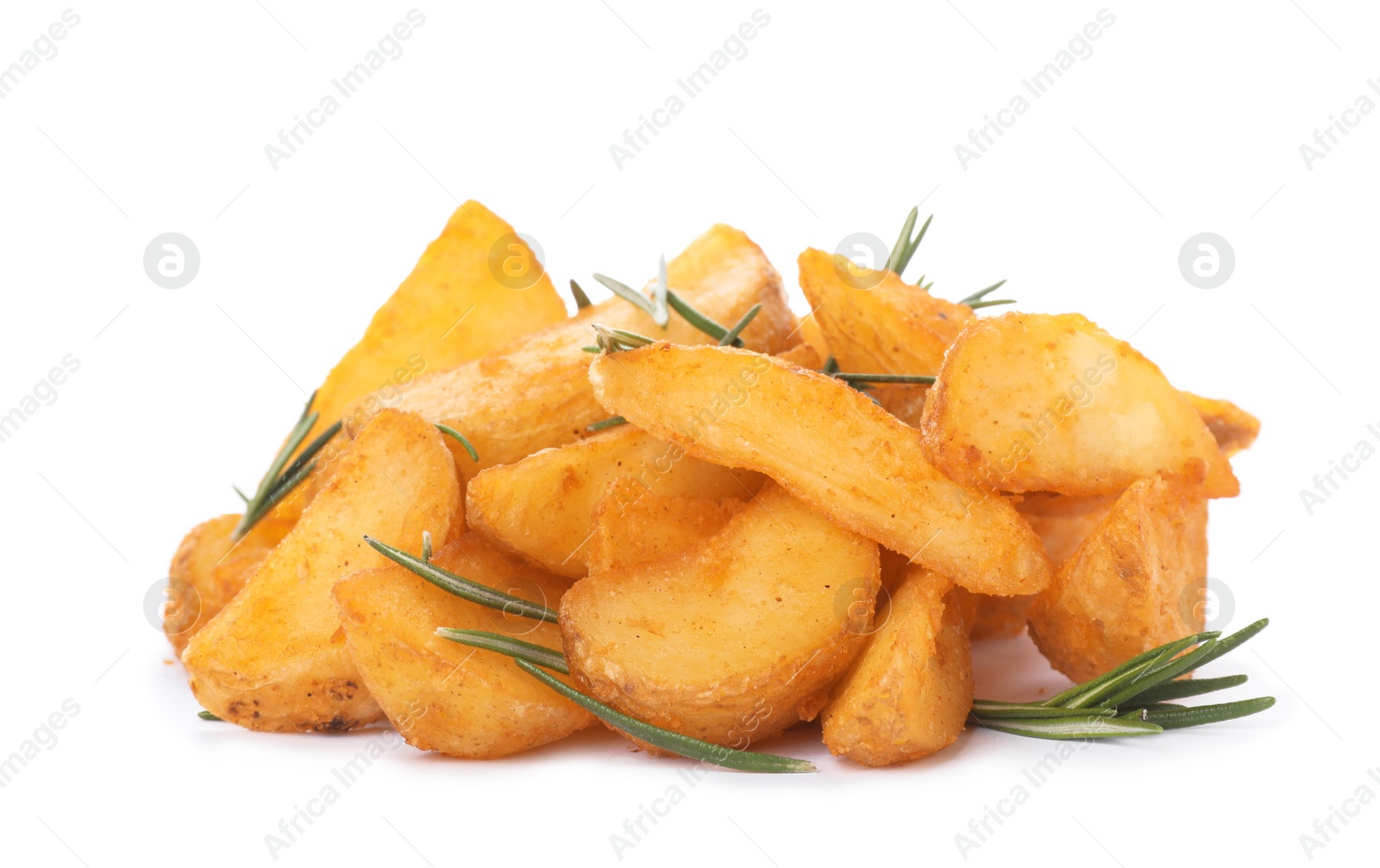 Photo of Baked potatoes with rosemary on white background