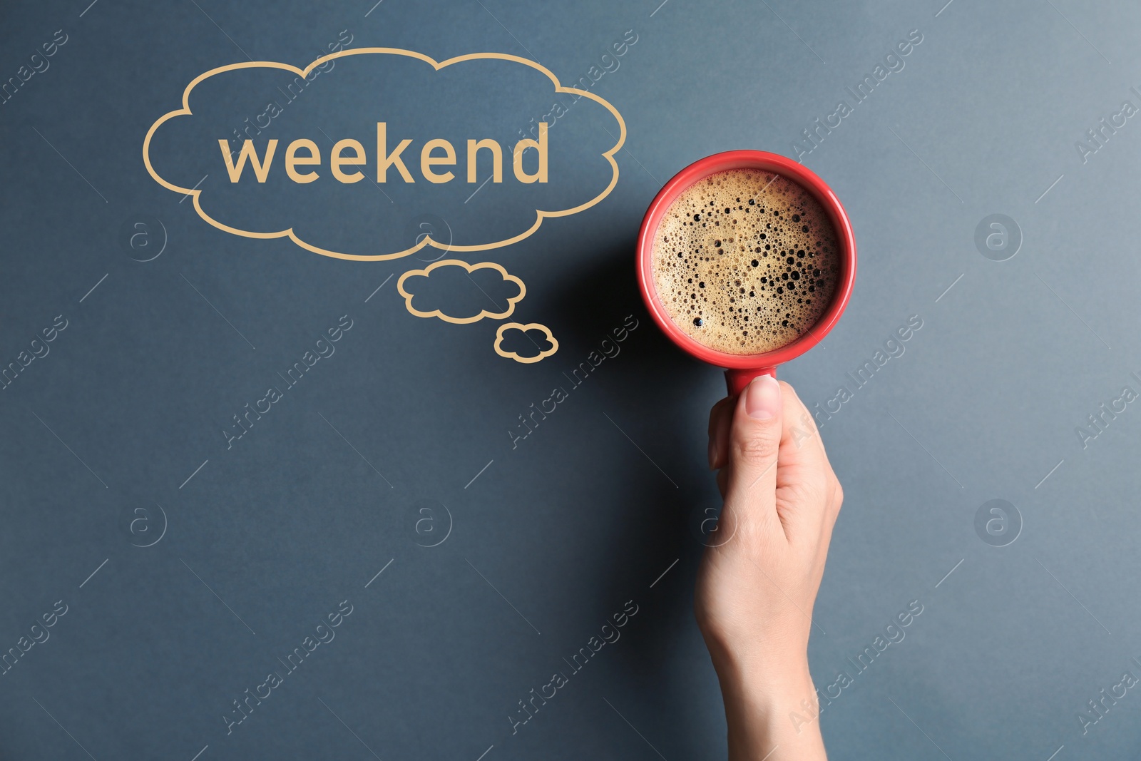 Image of Happy Weekend. Young woman with cup of delicious hot coffee on grey background, top view