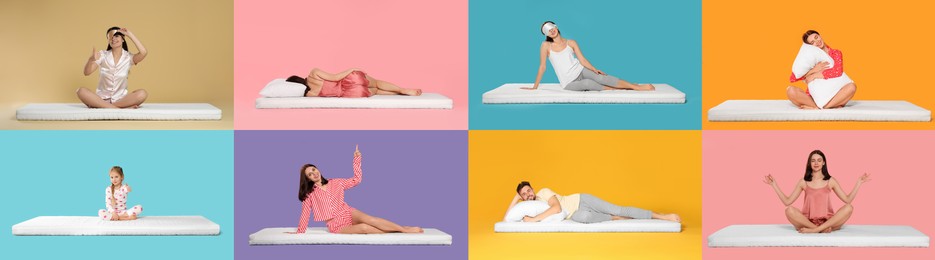Image of Collage with photos of people on soft comfortable mattresses on different color backgrounds. Banner design