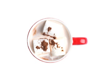 Cup of tasty cocoa with marshmallows on white background, top view