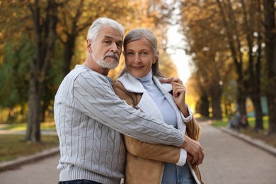 Photo of Portrait of affectionate senior couple in autumn park