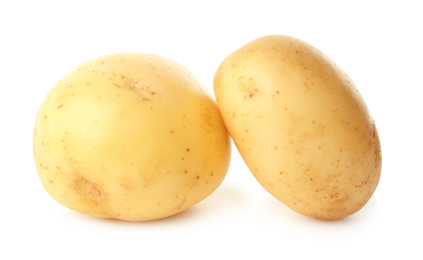 Photo of Fresh raw organic potatoes on white background