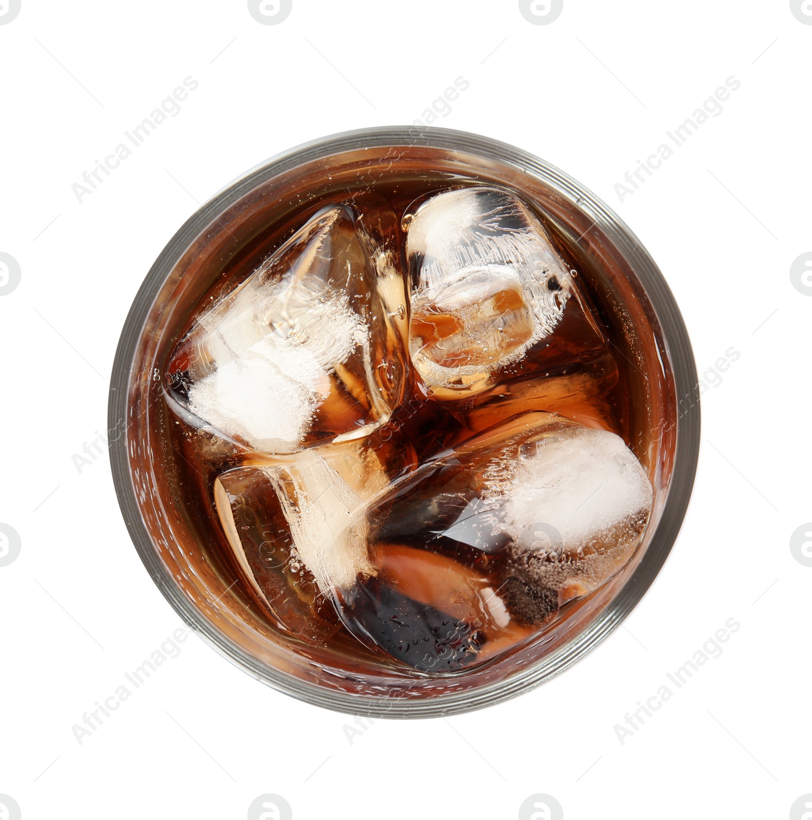 Photo of Glass of refreshing cola with ice on white background, top view