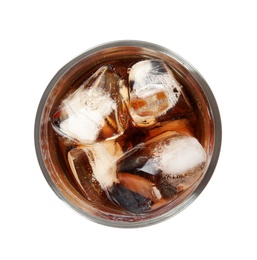 Photo of Glass of refreshing cola with ice on white background, top view