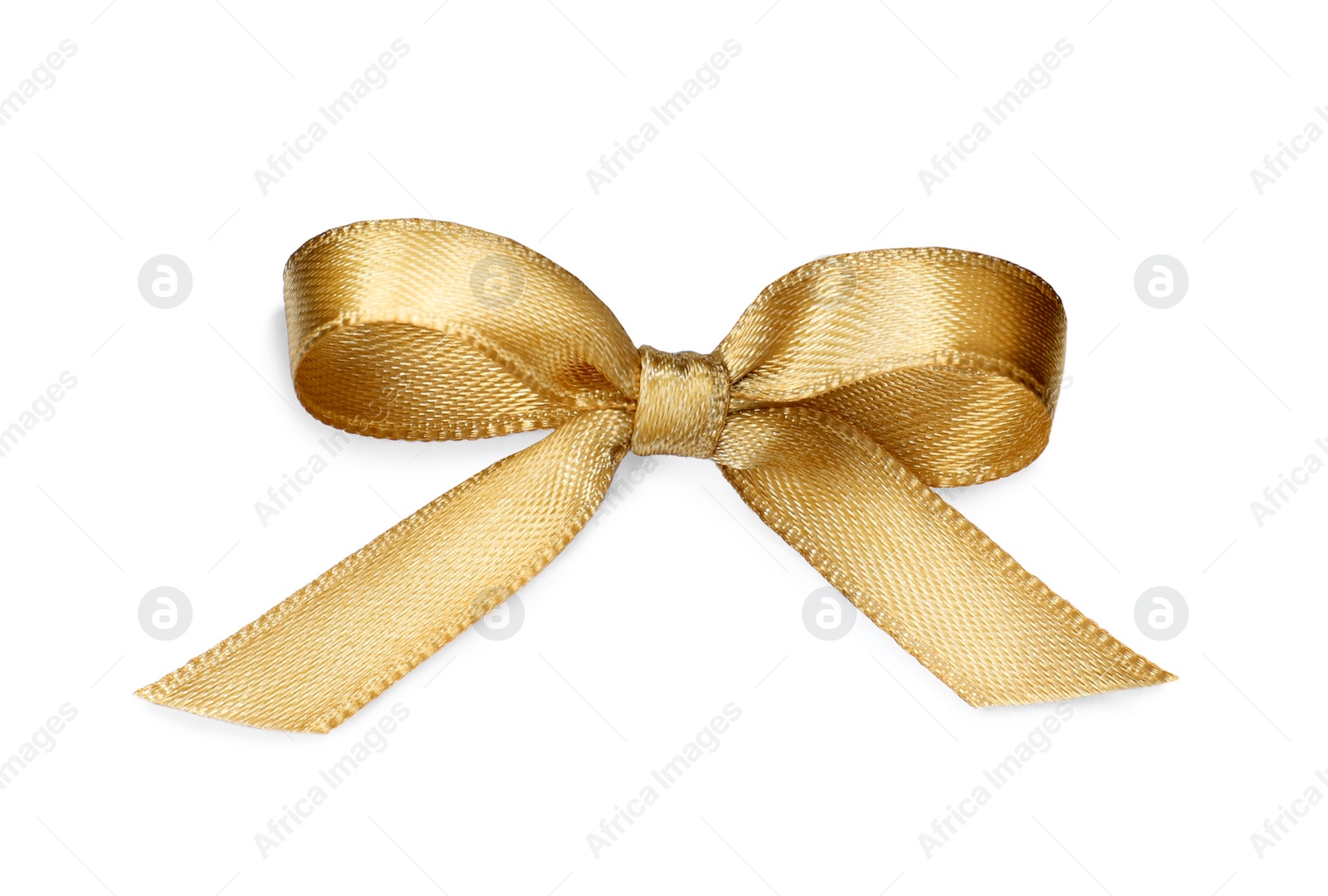 Photo of Golden satin ribbon tied in bow on white background, top view