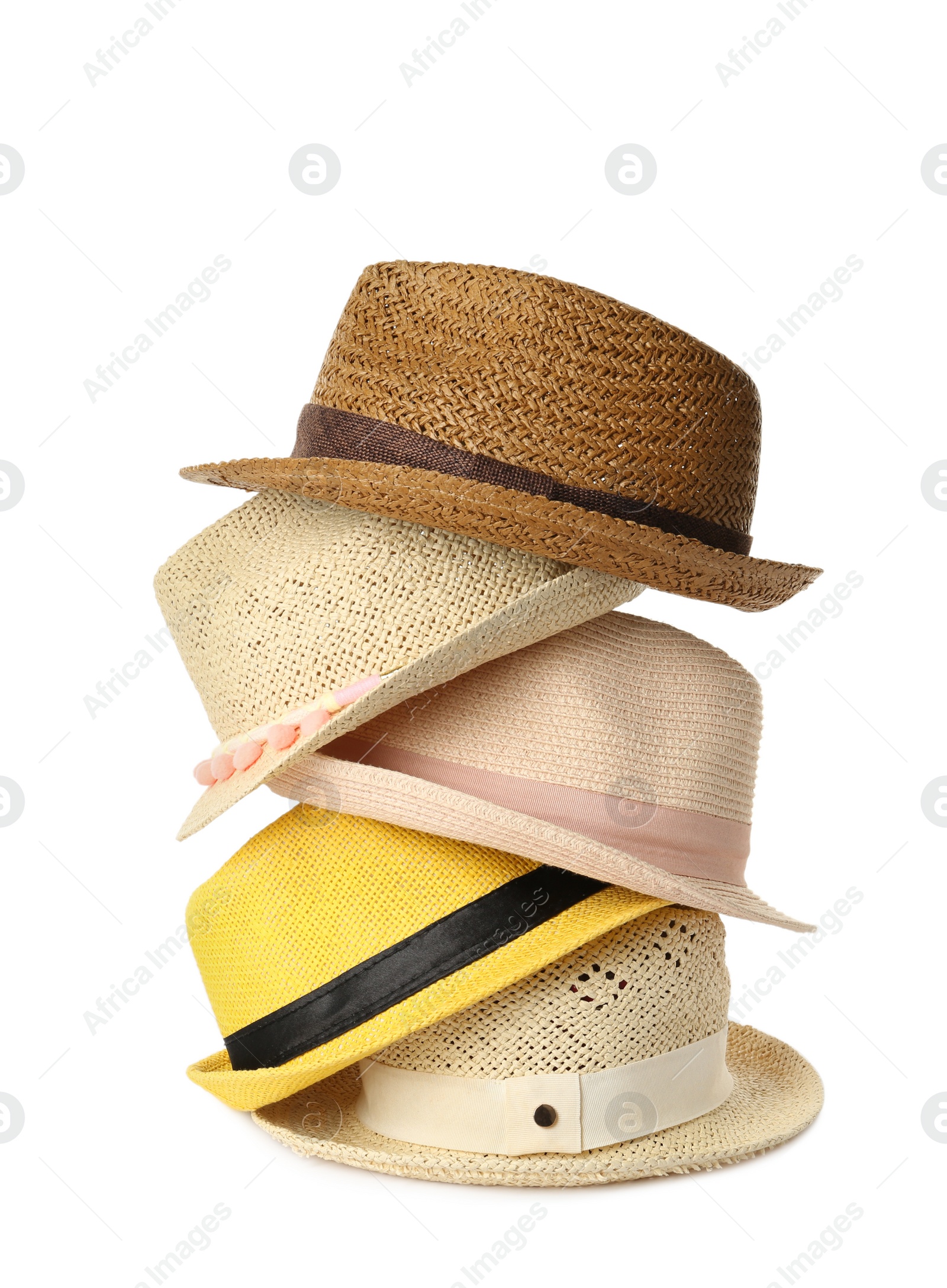 Photo of Many different stylish straw hats on white background