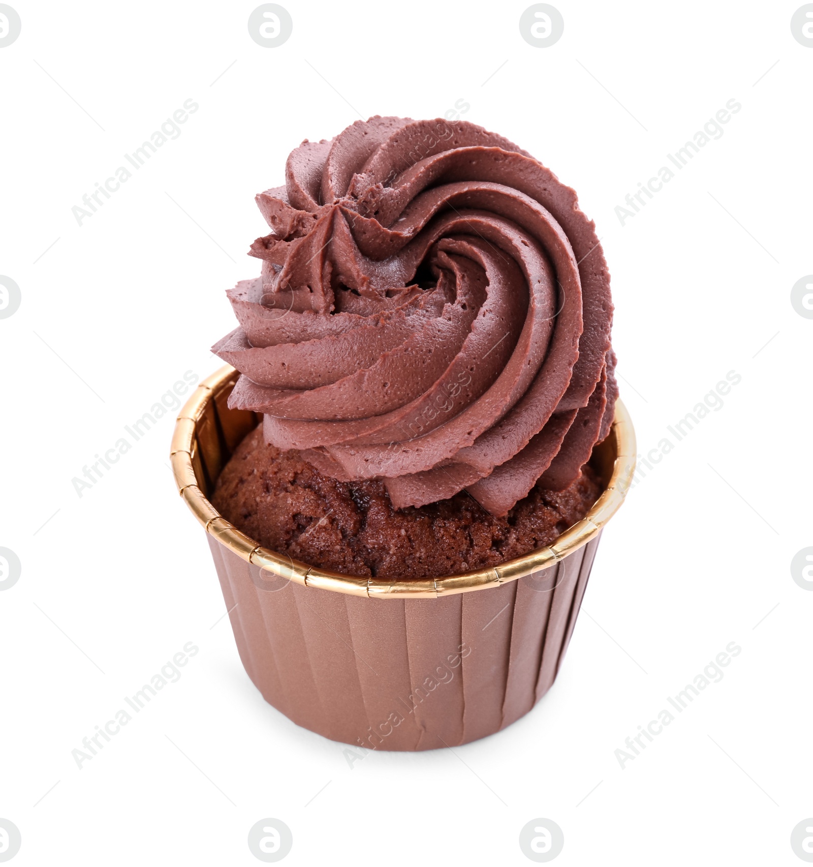 Photo of One delicious chocolate cupcake isolated on white