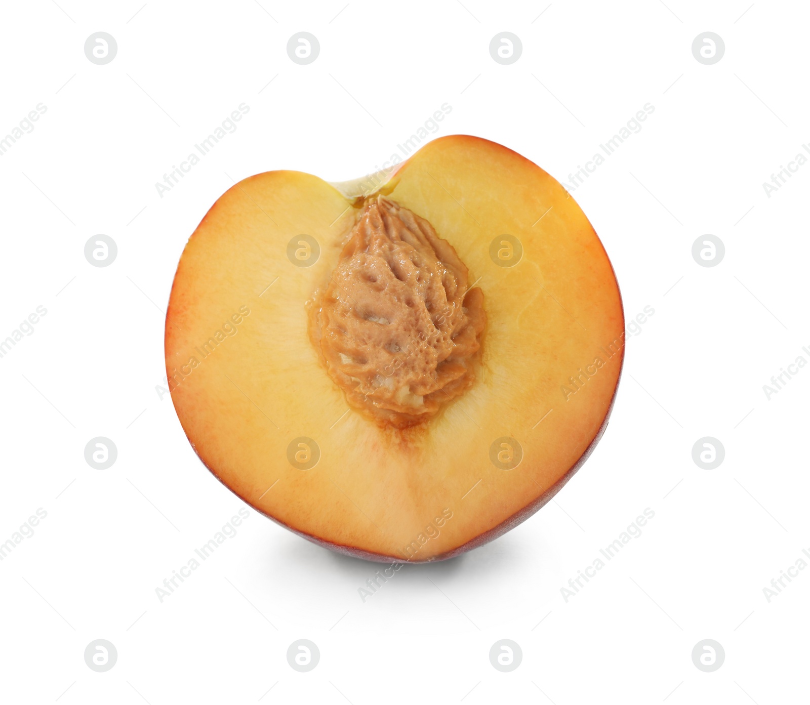 Photo of Half of sweet juicy peach on white background