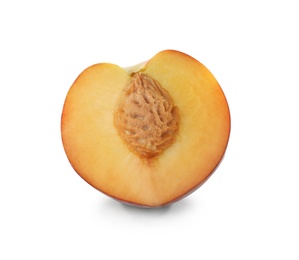 Photo of Half of sweet juicy peach on white background