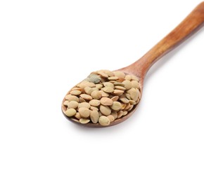 Photo of Spoon with raw lentils isolated on white