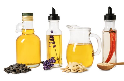 Different cooking oils and ingredients on white background