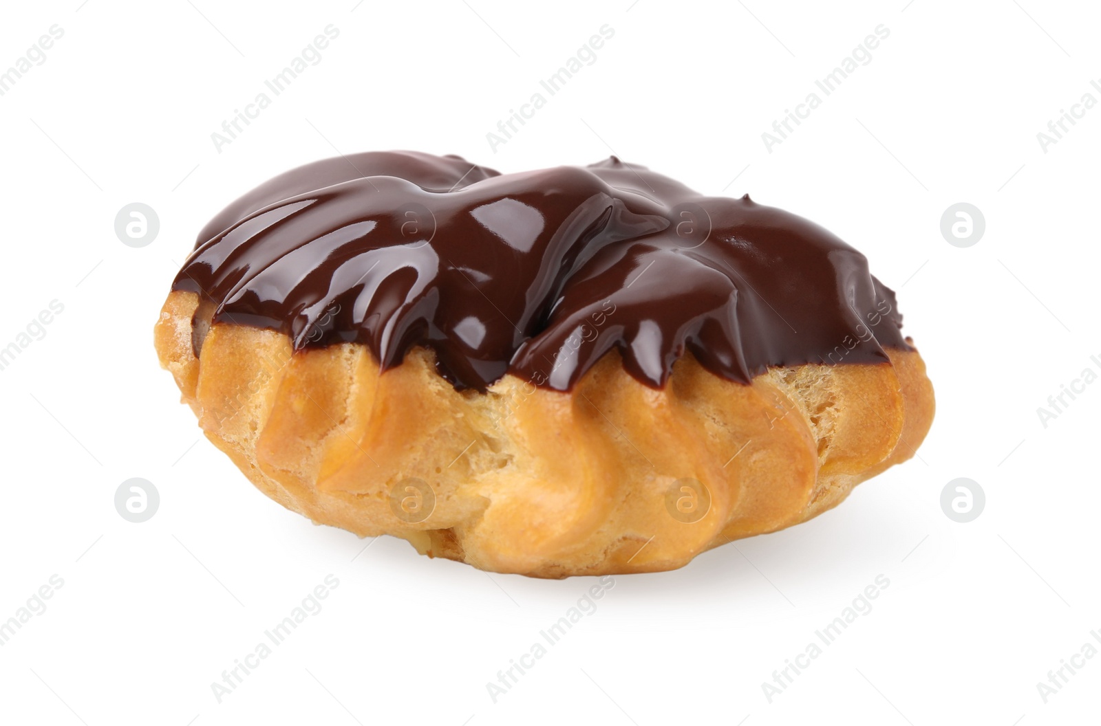 Photo of One delicious profiterole with chocolate spread isolated on white