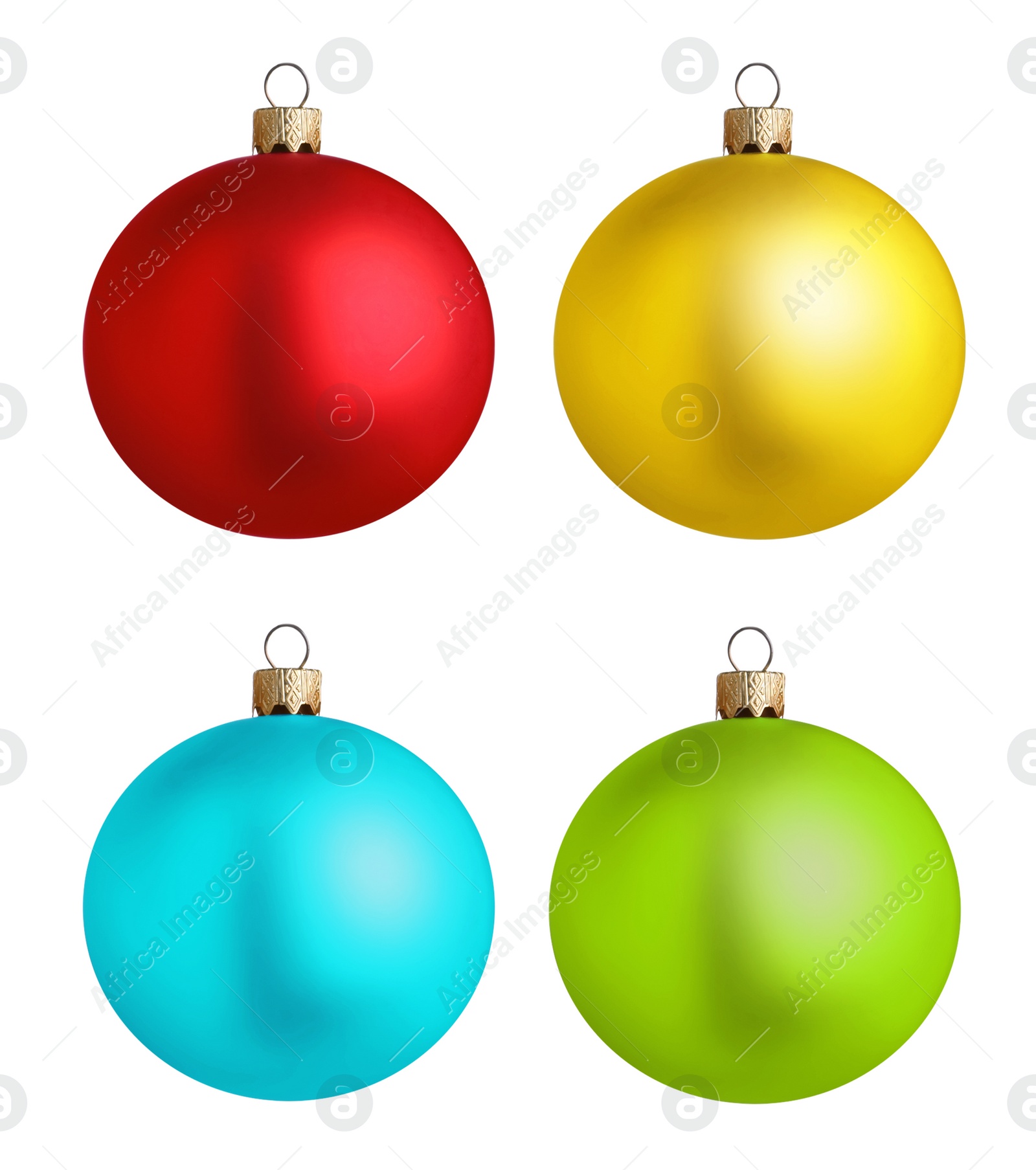 Image of Set of bright Christmas balls on white background