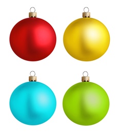 Image of Set of bright Christmas balls on white background