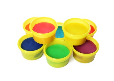 Photo of Plastic containers with colorful play dough on white background