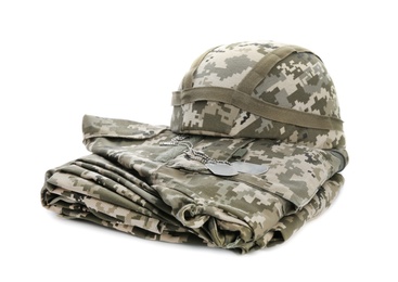 Photo of Military clothes on white background