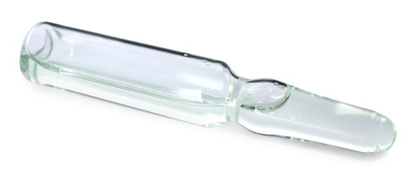 Glass ampoule with pharmaceutical product on white background